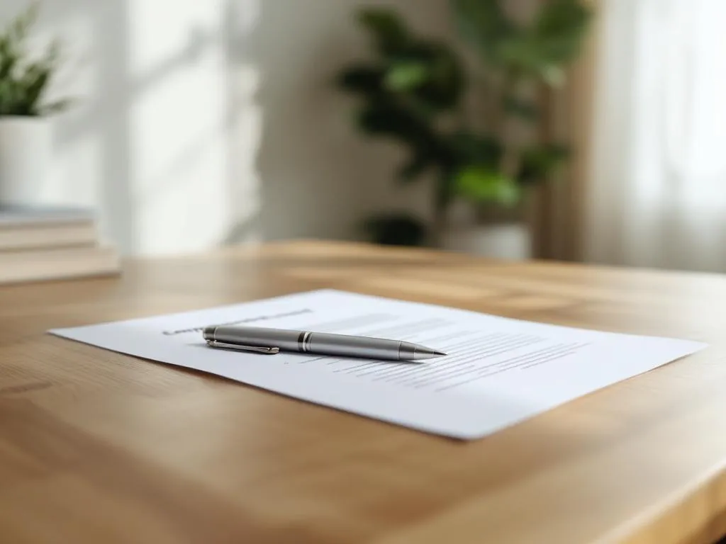 Arbeidscontract op houten bureau met zilveren pen, natuurlijk licht, professionele kantooromgeving