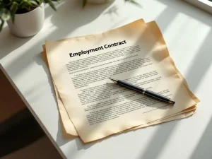 Verouderd arbeidscontract op wit bureau met pen, gezien van bovenaf in kantooromgeving