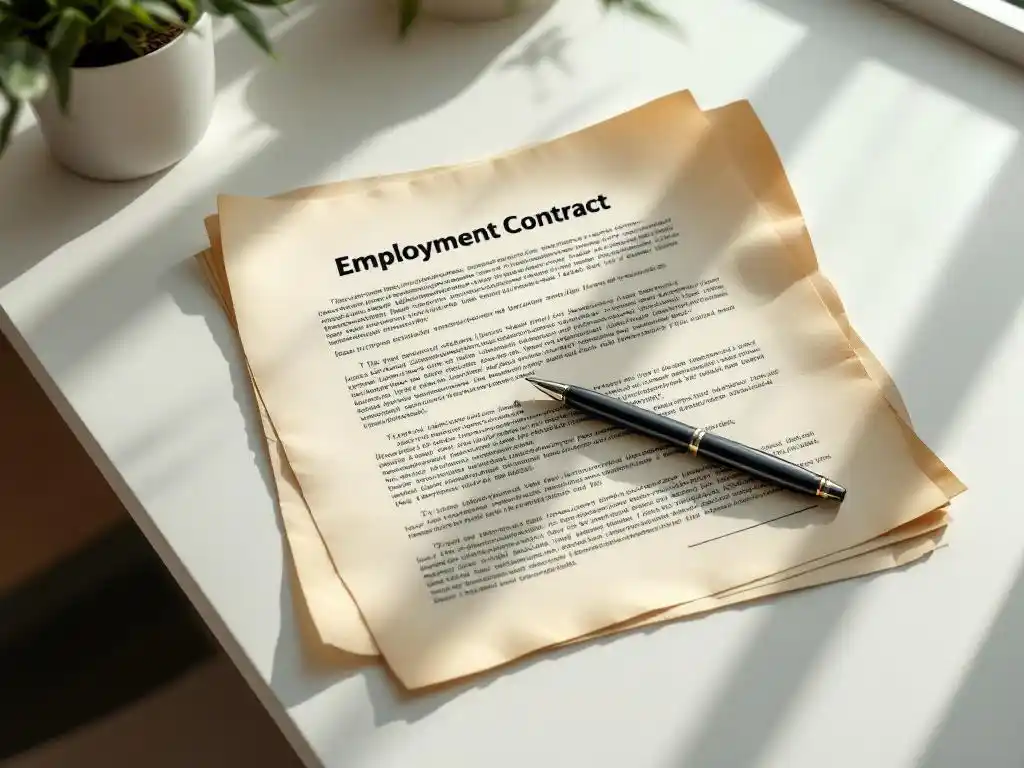 Verouderd arbeidscontract op wit bureau met pen, gezien van bovenaf in kantooromgeving