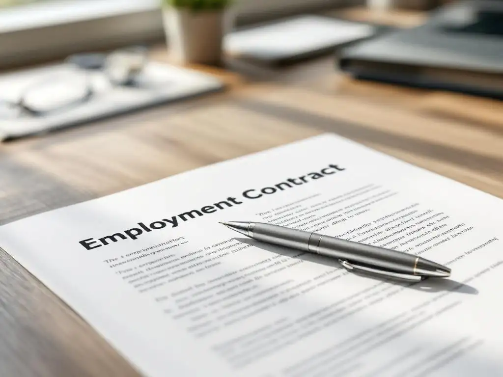Open arbeidscontract op houten bureau met zilveren pen, natuurlijk licht, minimalistische kantooromgeving