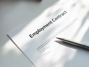 Arbeidscontract op witte bureau met zilveren pen, natuurlijk licht, bovenaanzicht van formeel juridisch document