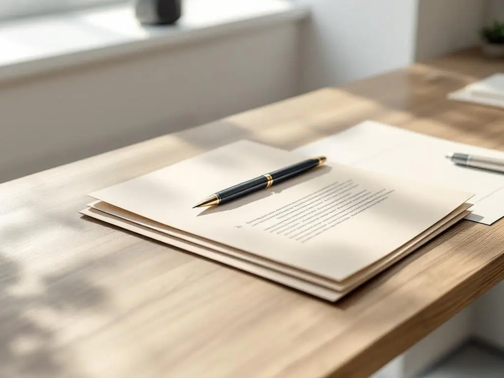 Stapel juridische arbeidscontracten op houten bureau met zwarte pen, natuurlijk licht, professionele kantooromgeving