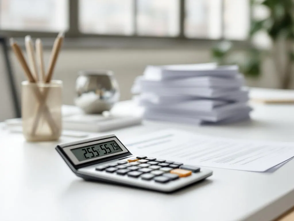 Rekenmachine en arbeidscontracten op modern kantoorbureau met natuurlijk licht door ramen