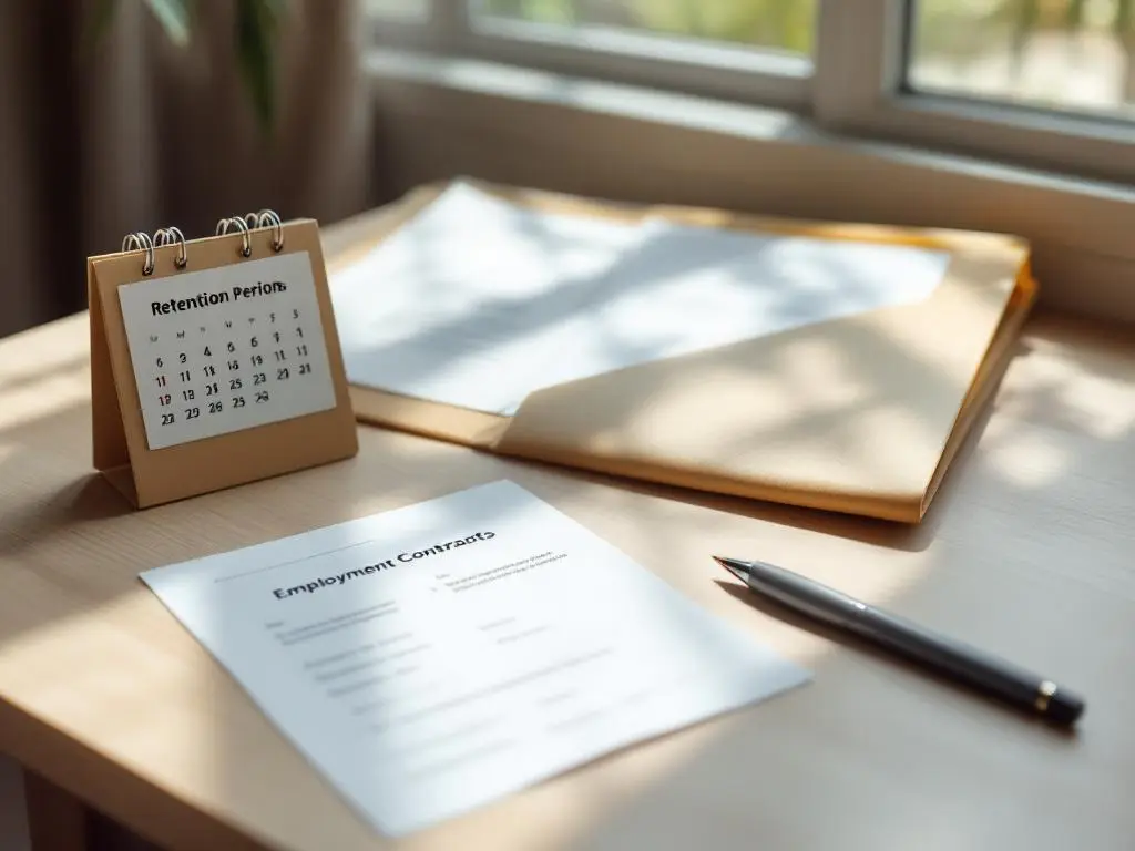 Houten bureau met openstaande map vol arbeidscontracten, kalender met bewaartermijnen en pen in natuurlijk daglicht