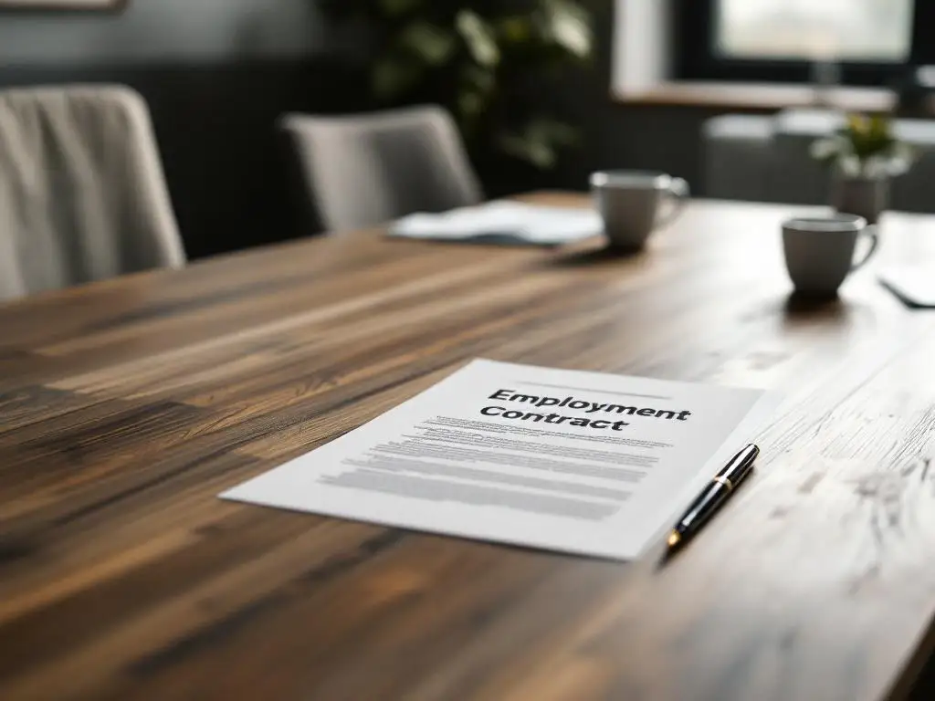 Open arbeidscontract op houten vergadertafel met vulpen en koffiekopjes in natuurlijk verlicht kantoor