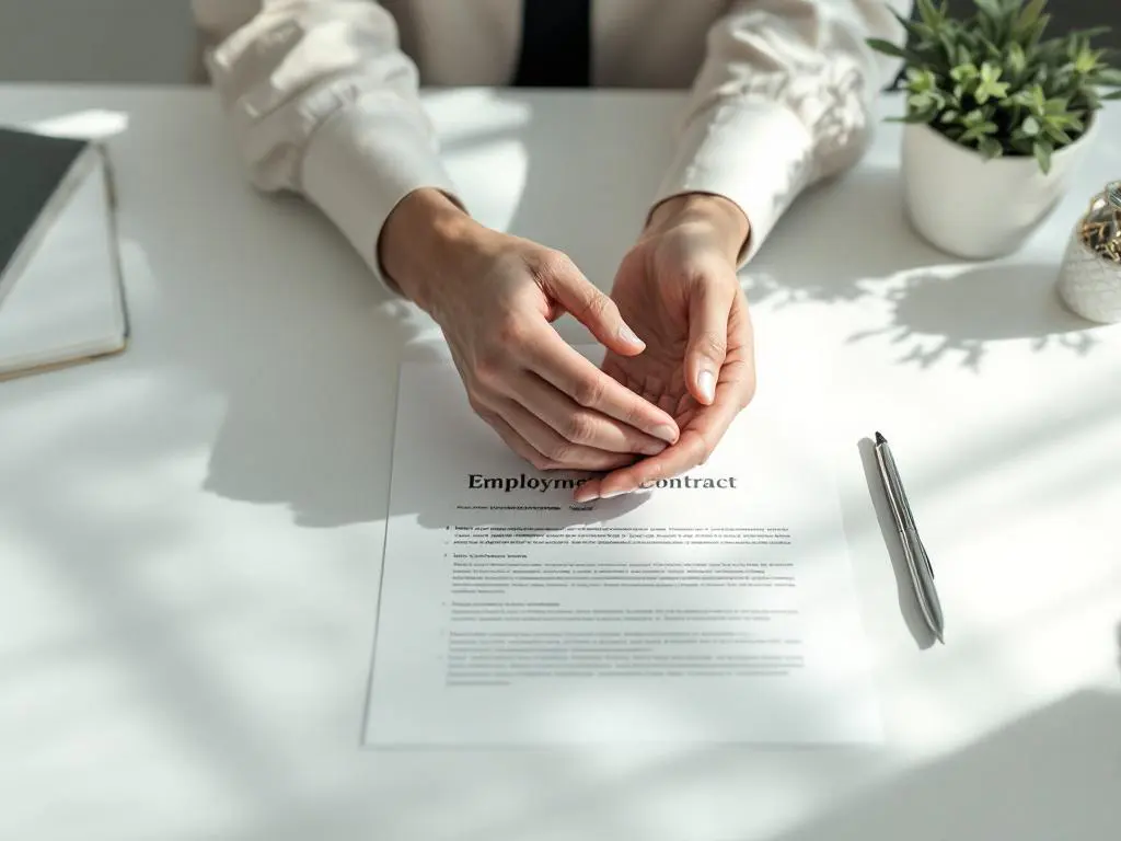 Handdruk boven openliggend arbeidscontract op modern bureau met zilveren pen, natuurlijk licht door raam