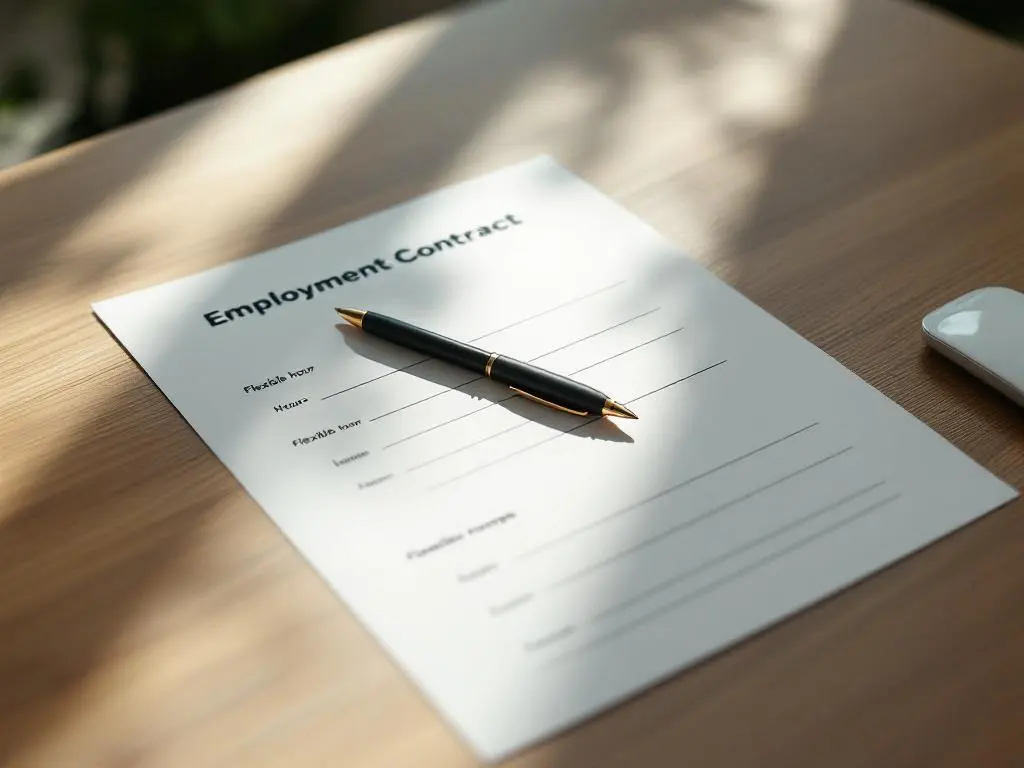 Arbeidscontract met flexibele uren grafieken op houten bureau met zwarte pen, natuurlijk licht en kantooromgeving