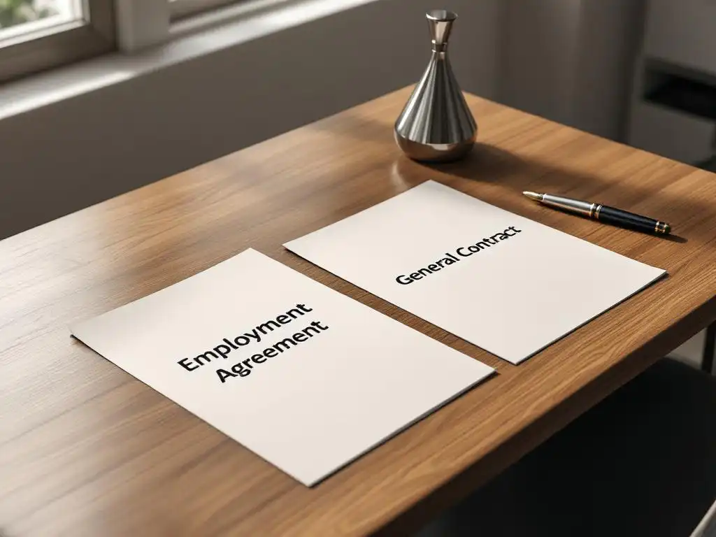 Twee juridische documenten op houten bureau met vulpen, arbeidsovereenkomst en algemeen contract zij aan zij
