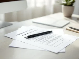 Arbeidscontract op modern bureau met zwarte pen, natuurlijk licht door raam, minimalistische werkplek