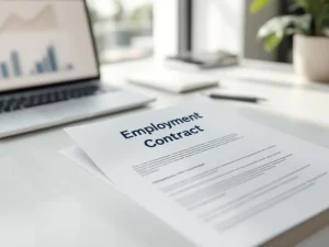 Arbeidscontract op modern bureau met pen, laptop met groeigrafiek op achtergrond, natuurlijk licht