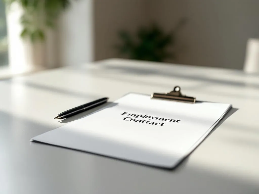 Ondertekend arbeidscontract op wit bureau met zwarte pen, natuurlijk licht, professionele kantooromgeving