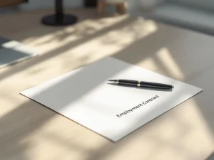 Open arbeidscontract op houten bureau met zwarte pen, natuurlijk licht, professionele kantooromgeving