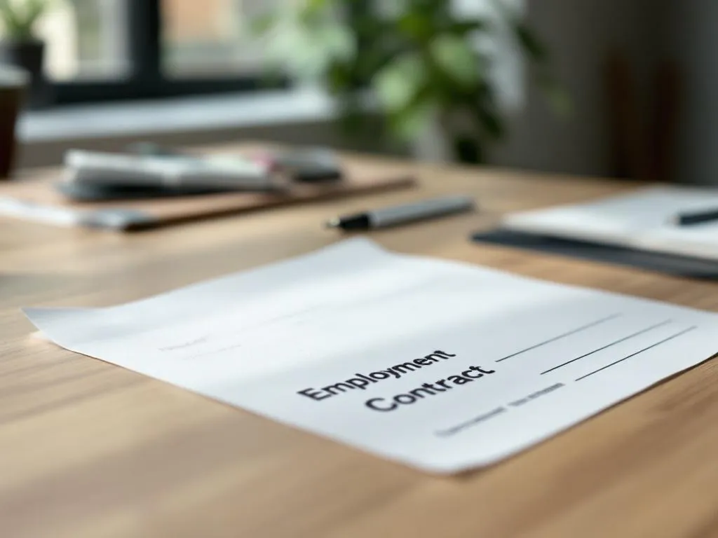 Gedeeltelijk ondertekend arbeidscontract op houten bureau met zwarte pen, gericht op handtekeningregel