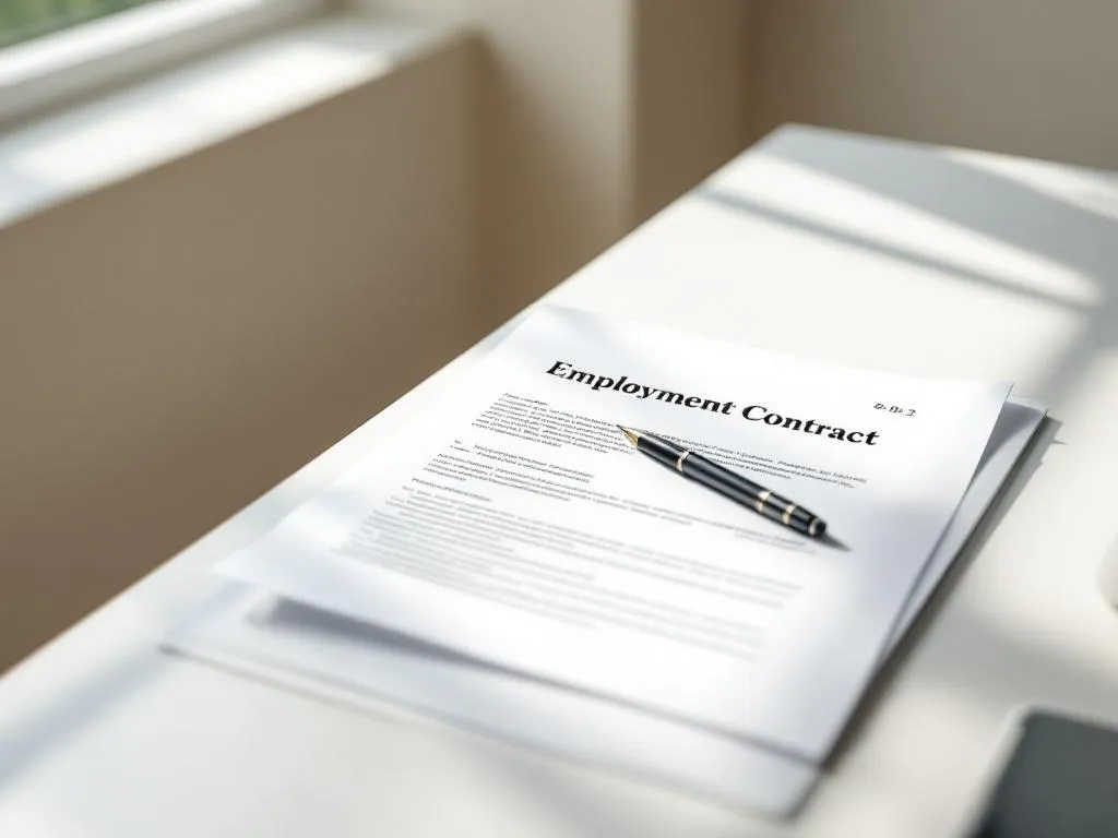 Arbeidscontract op wit bureau met zwarte pen, natuurlijk licht vanuit raam, professionele kantooromgeving