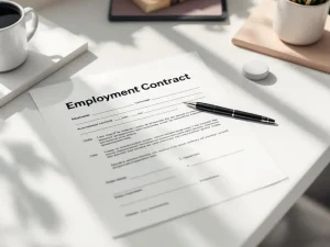 Onvoltooid arbeidscontract op wit bureau met zwarte pen, blanco secties en ontbrekende handtekeningregels zichtbaar