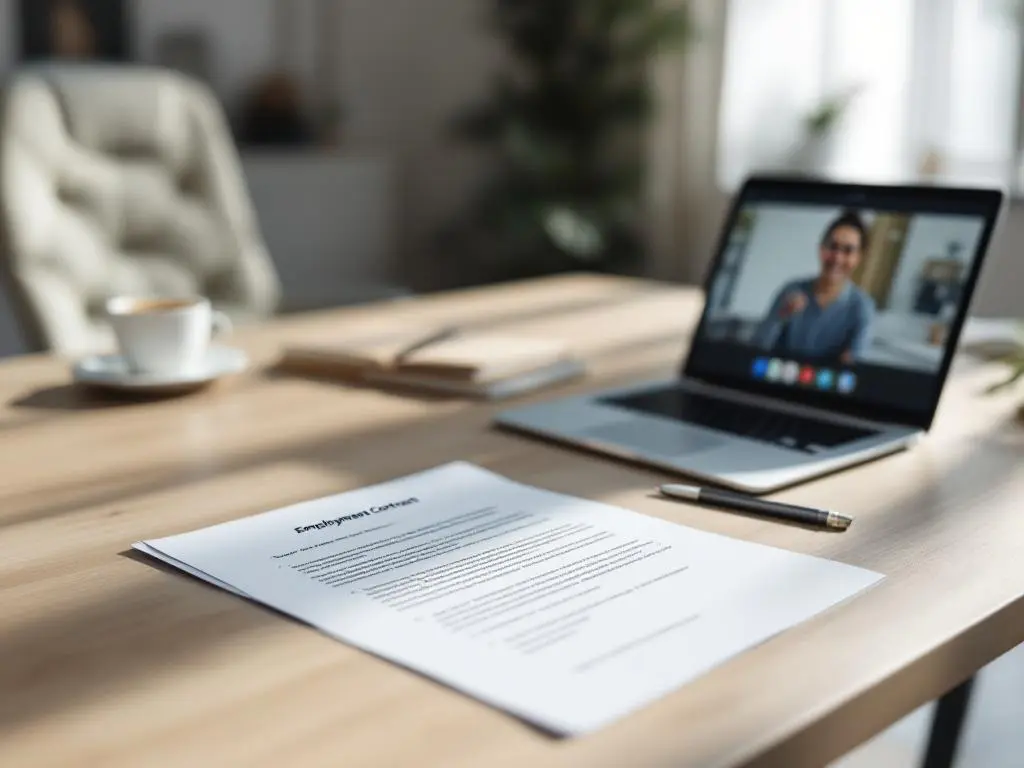 Open arbeidscontract op georganiseerd thuiskantoor bureau met laptop videogesprek en ergonomische stoel in natuurlijk licht
