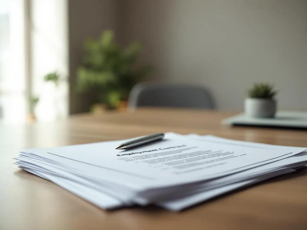 Arbeidscontracten netjes gestapeld op houten bureau met zilveren pen, natuurlijk licht, professionele kantooromgeving