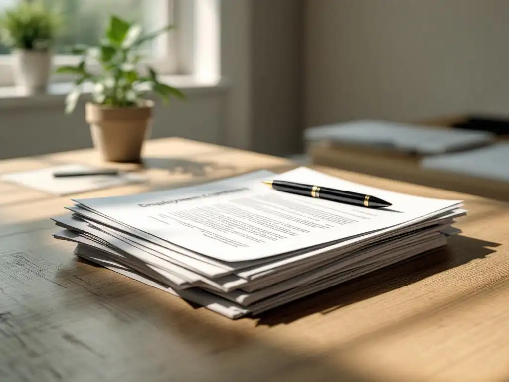 Stapels arbeidscontracten uit verschillende sectoren op houten bureau met zwarte pen, natuurlijk licht