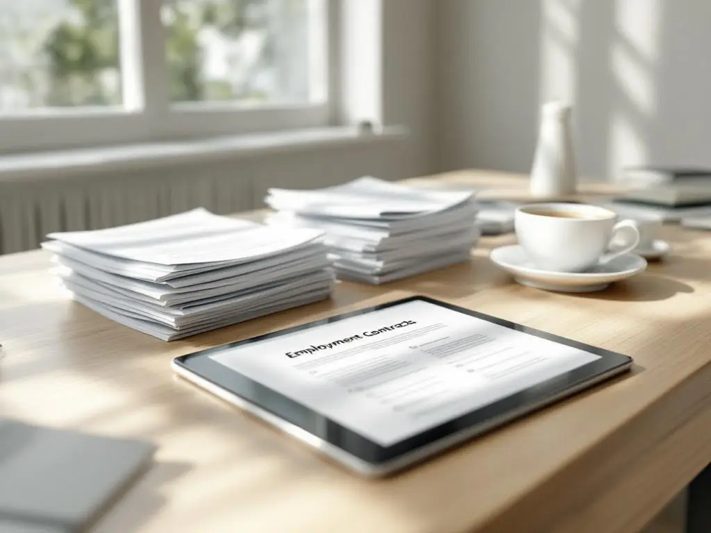 Georganiseerde stapels arbeidscontracten op houten bureau met moderne tablet voor digitaal documentbeheer