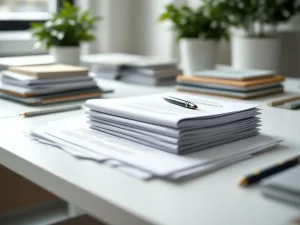 Stapel arbeidscontracten en documenten op moderne kantoorbureau met pen, natuurlijk licht door raam