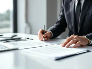Professionele consultant in pak bekijkt arbeidscontract aan modern bureau in minimalistisch kantoor
