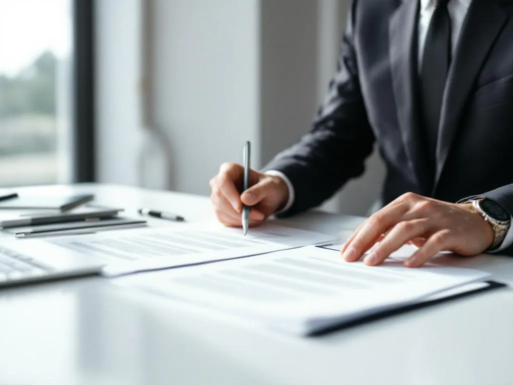 Professionele consultant in pak bekijkt arbeidscontract aan modern bureau in minimalistisch kantoor