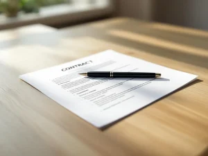 Open contract document op houten bureau met zwarte pen, natuurlijk licht, professionele kantooromgeving