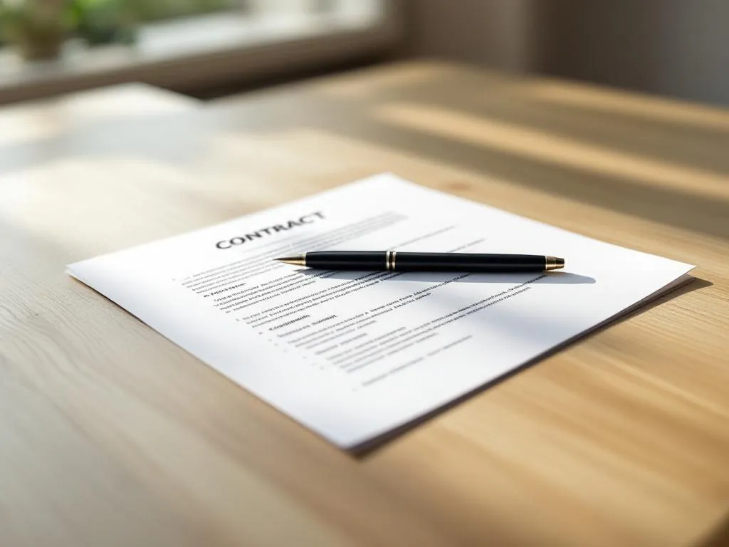 Open contract document op houten bureau met zwarte pen, natuurlijk licht, professionele kantooromgeving