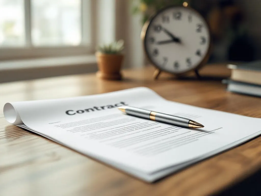 Open contract op houten bureau met zilveren pen, kantooromgeving met natuurlijk daglicht en wandklok op achtergrond
