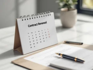 Kalender met contractverlengingsdata op wit bureau naast vulpen en openstaand arbeidscontract document