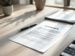 Twee contractdocumenten op moderne kantoorbureau met zwarte pen, natuurlijk licht, professionele werkplek
