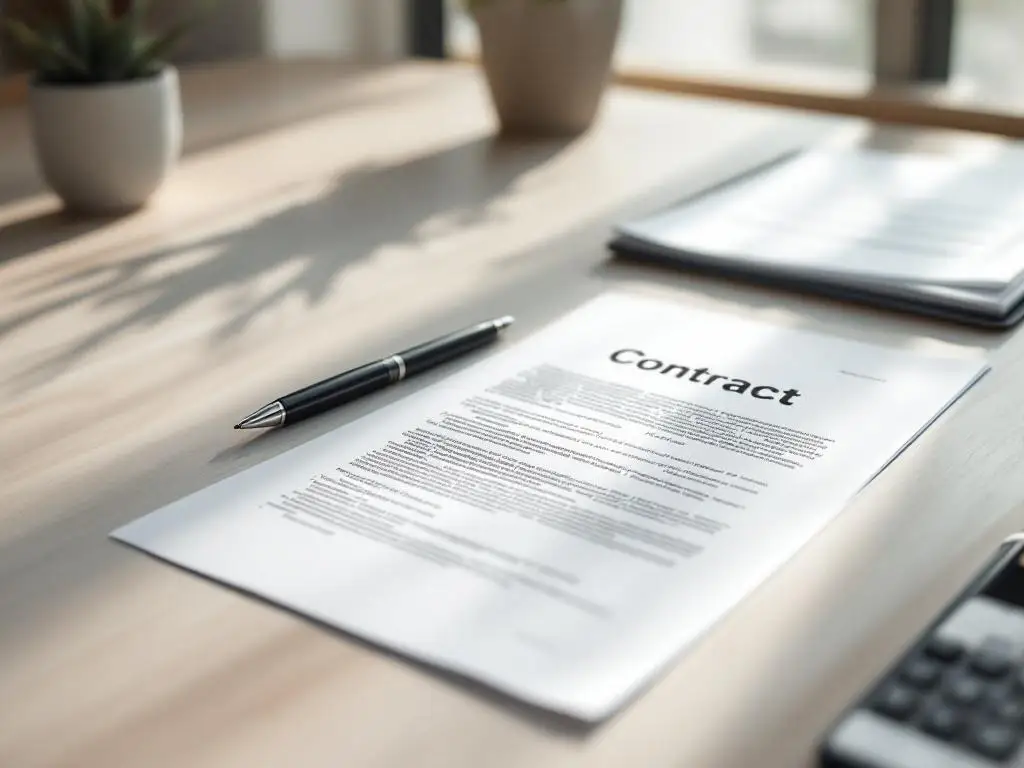 Twee contractdocumenten op moderne kantoorbureau met zwarte pen, natuurlijk licht, professionele werkplek