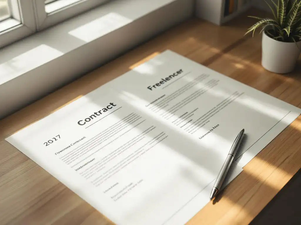 Twee contractdocumenten op houten bureau met zilveren pen, een met bedrijfslogo en een met freelancer header