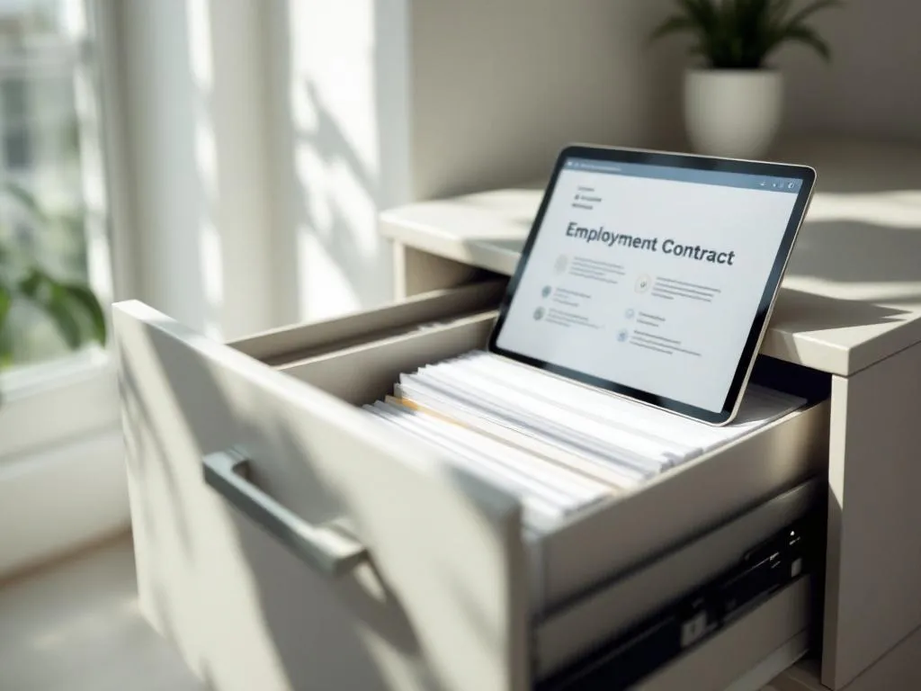 Geopende archiefkast met contractmappen en tablet met documentbeheersoftware in modern kantoor