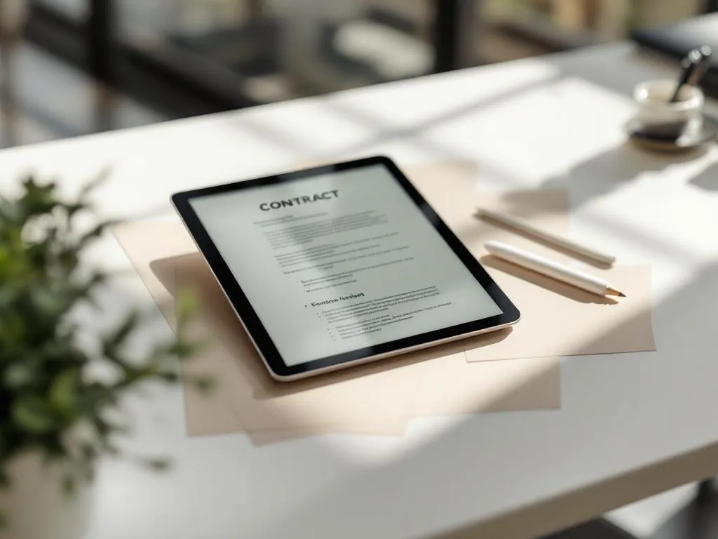 Tablet met digitale contractdocumenten op moderne bureau met stylus, papieren en natuurlijk licht