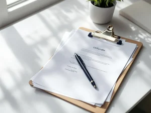 Stapel officiële documenten met handtekeningen en zwarte pen op wit bureau, clipboard met formulieren erbij