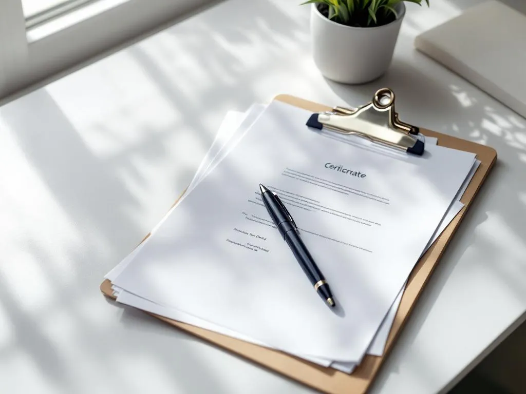 Stapel officiële documenten met handtekeningen en zwarte pen op wit bureau, clipboard met formulieren erbij