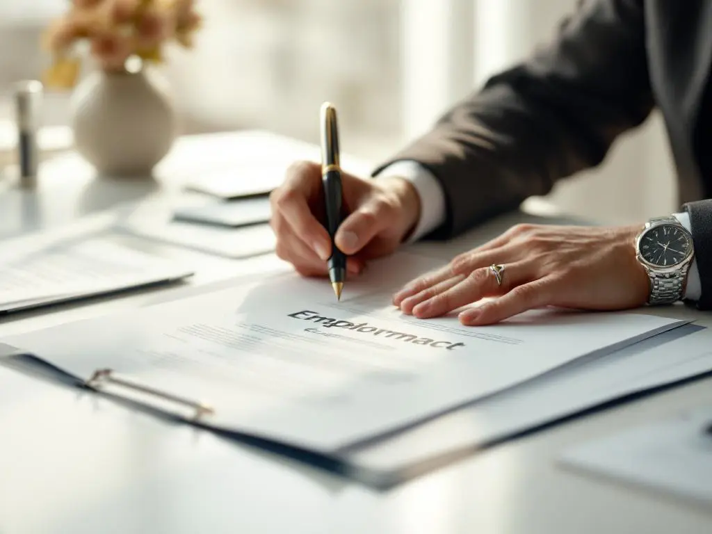 HR-consultant bestudeert arbeidscontract op wit bureau met vulpen, natuurlijk licht, professionele kantooromgeving