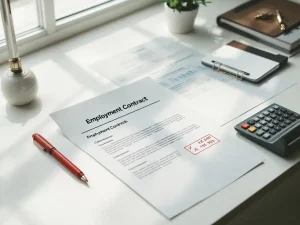 Witte bureau met juridische documenten en arbeidscontracten, rode pen markeert correcties, calculator toont cijfers