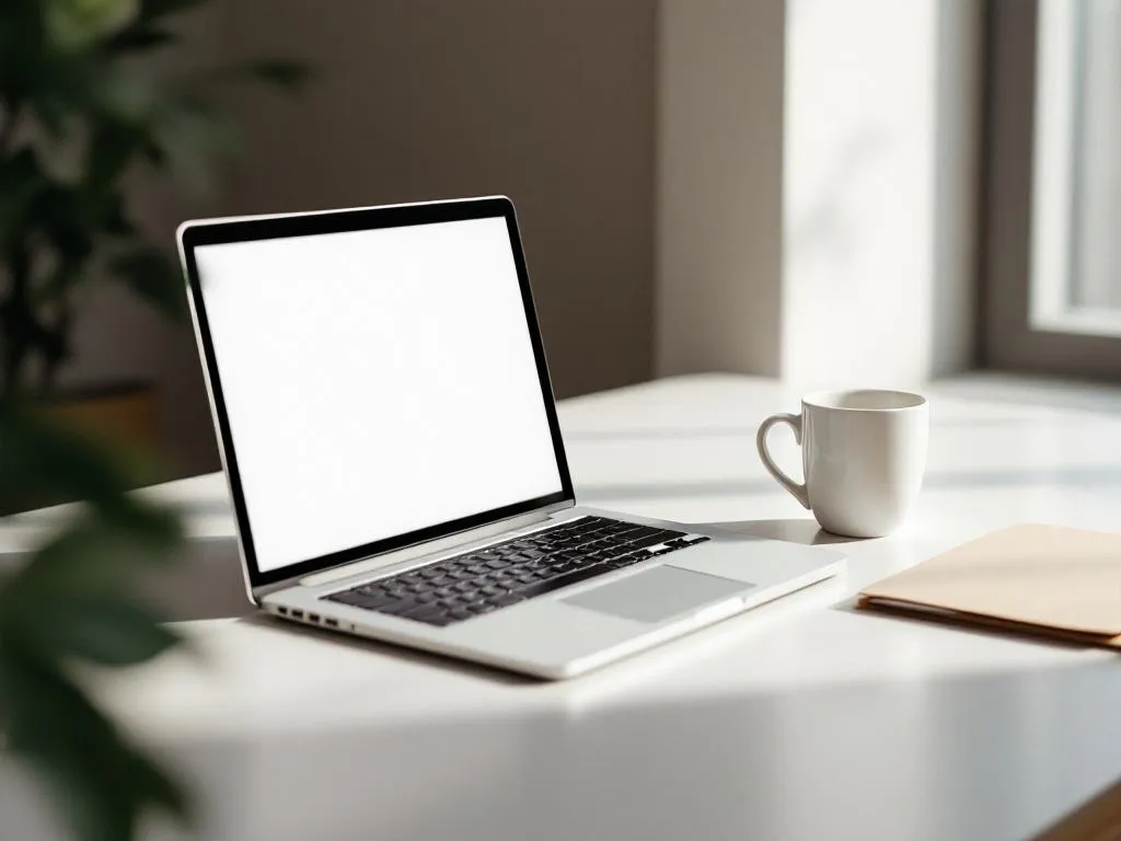 Moderne laptop op kantoorbureau met koffiemok en map, natuurlijk licht door raam, minimalistische werkplek