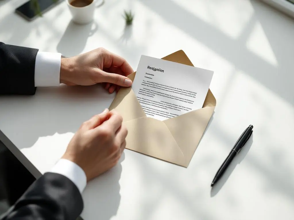 Hand plaatst ontslagbrief in envelop op wit bureau met pen, professionele werkplek met natuurlijk licht