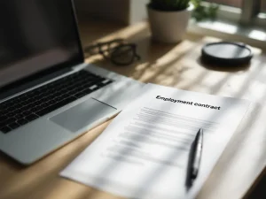 Open arbeidscontract op houten bureau naast laptop met lege document, pen ertussen, natuurlijk licht door raam