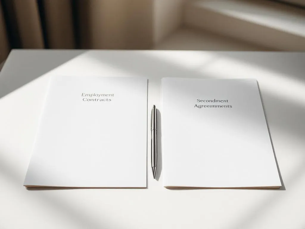 Twee documenten mappen op wit bureau met zilveren pen, een voor arbeidscontracten en een voor detacheringsovereenkomsten