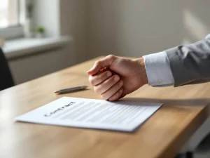 Twee zakenmensen schudden handen boven contractdocument op houten bureau in minimalistisch kantoor