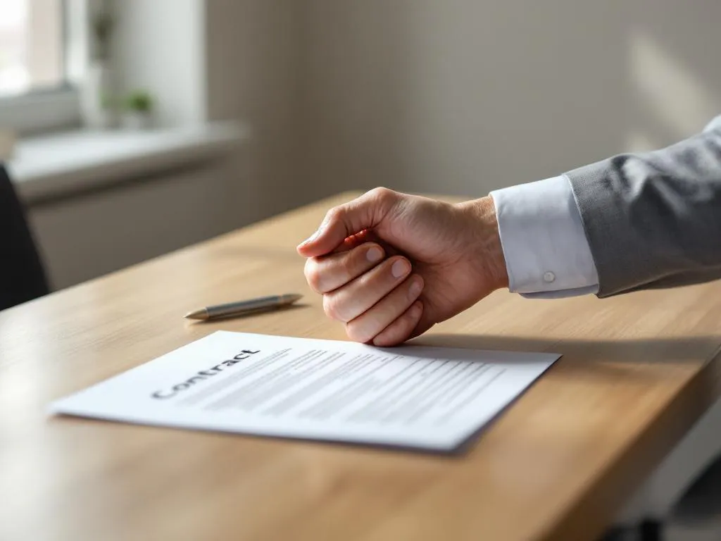 Twee zakenmensen schudden handen boven contractdocument op houten bureau in minimalistisch kantoor