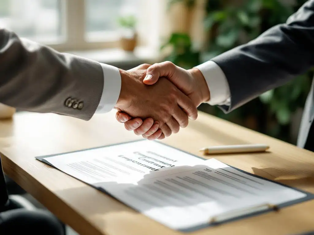 Professionele handdruk boven houten bureau met arbeidscontract, zachte natuurlijke belichting in kantoor