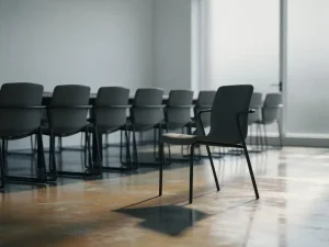 Afwijkende bureaustoel iets gedraaid van een rij identieke vergaderstoelen in een strakke vergaderruimte, lange schaduw op glanzende vloer.