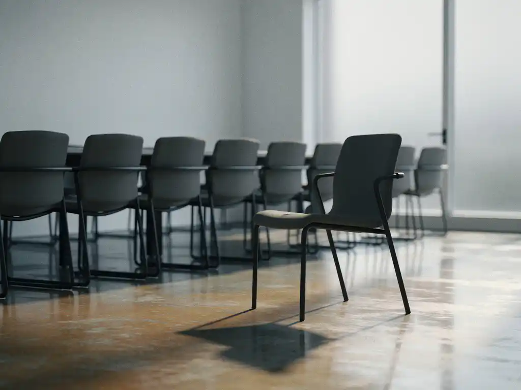 Afwijkende bureaustoel iets gedraaid van een rij identieke vergaderstoelen in een strakke vergaderruimte, lange schaduw op glanzende vloer.