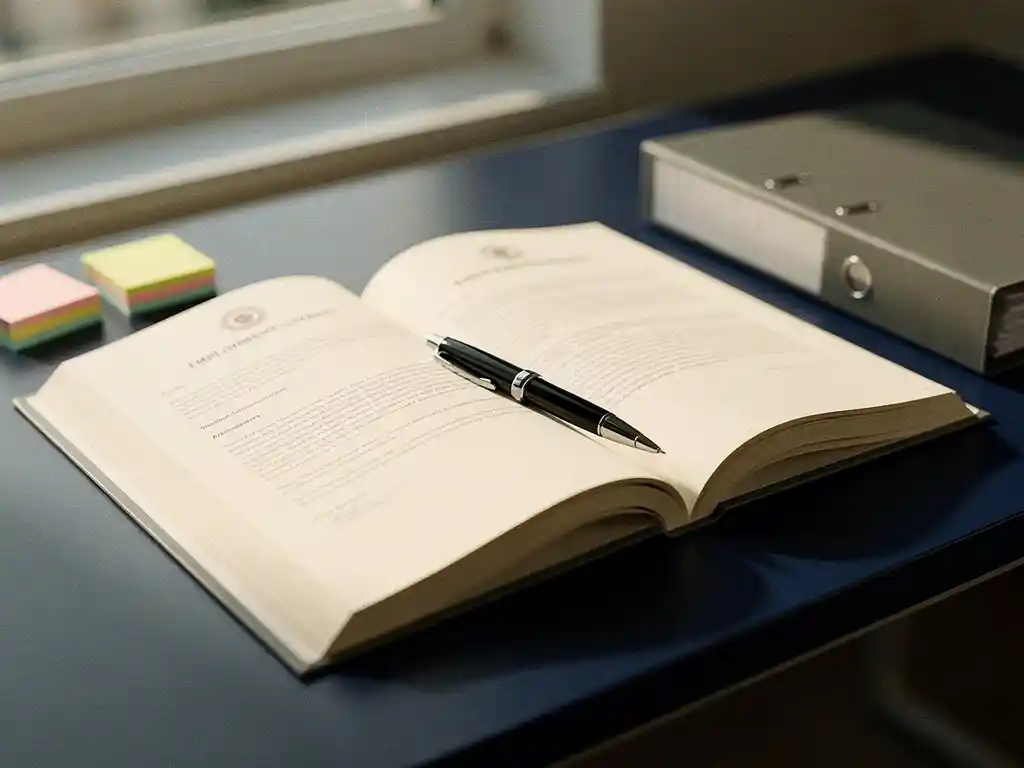 Opengeslagen arbeidsovereenkomst op modern bureau met pen, sticky notes en personeelsdossier in warm ivoor en marineblauw licht.