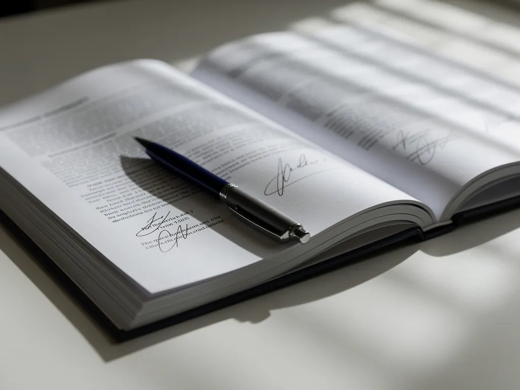 Opengeslagen arbeidscontract met handgeschreven notities en pen op kantoorbureau, zachte zijverlichting en venetiaanse blindschaduwen.